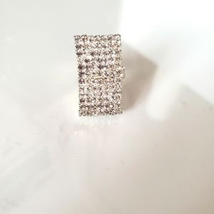 Fashion Diamond Silver Dipped Waved Rectangular Ring Adjustable Bling Sparkly